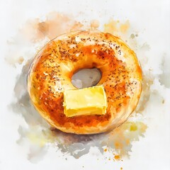 Bagel with butter flat design front view diner theme watercolor vivid