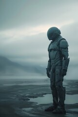 Naklejka premium Futuristic Astronaut Exploring Space Landscape