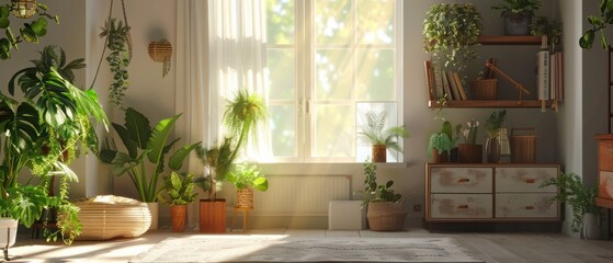 Interior of stylish room with houseplants, window, shelving unit and chest of drawers