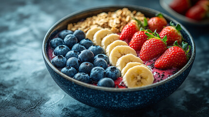 colorful acai bowl with blueberries, banana, and strawberries in blue bowl