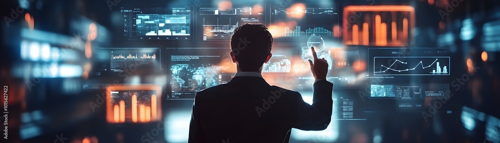 Poster a businessman interacts with a digital interface, analyzing data and making decisions in a futuristi