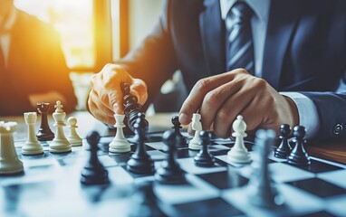 A businessman carefully strategizes his next move in a chess game, showcasing concentration and competitive spirit.