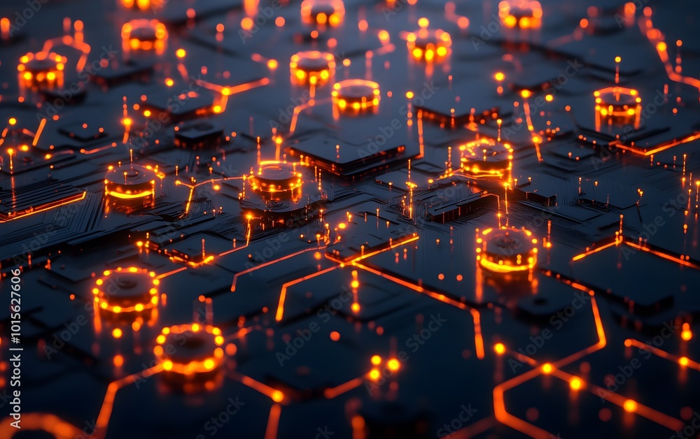 Poster a captivating close-up of a digital circuit board with glowing circuitry, showcasing technology and 
