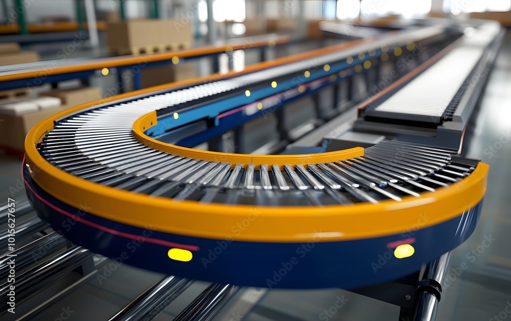 Poster a close view of a curved conveyor belt system in a warehouse, showcasing its efficient design for pr