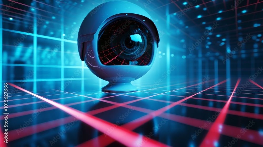 Poster a spherical robotic security camera hovers within a futuristic environment of glowing red and blue h