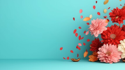 Obraz premium Cheerful pink and red gerbera petals scattered in dynamic motion against a vibrant turquoise background.