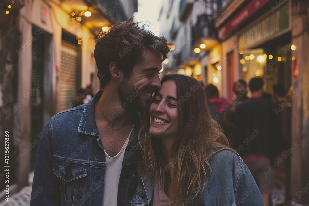 Wall mural Couple in love on the streets of a European city. Young man and woman embracing and kissing in the city center