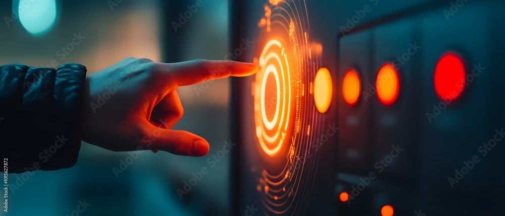 Poster a close-up of a hand interacting with a futuristic control panel featuring glowing buttons and digit