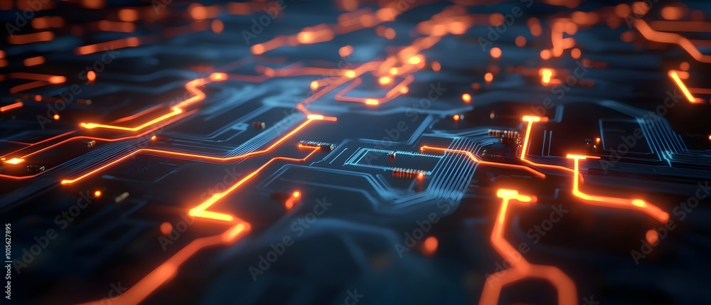 Aufkleber a close-up view of a futuristic circuit board with glowing orange lines on a dark background, symbol