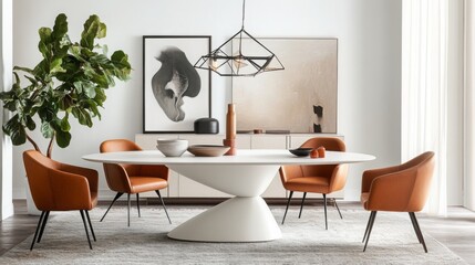 A contemporary dining area features a sleek round table surrounded by stylish orange chairs. The room showcases minimal decor with artistic wall prints, a large plant, and ample natural light.
