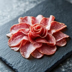 Closeup of thinly sliced cold cuts arranged in a flowerlike pattern on a slate board, with soft bokeh and a minimalist background