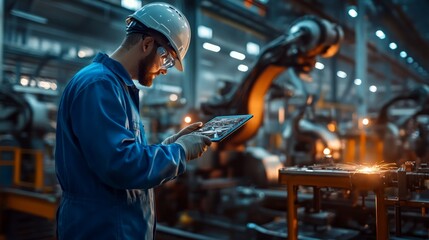 A male industrial worker in a hardhat and safety glasses uses a tablet to monitor the operations of a robotic arm in a factory.