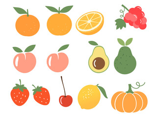 Orange, grape, peach, avocado, strawberry, cherry, lemon and pumpkin isolated on white background vector.