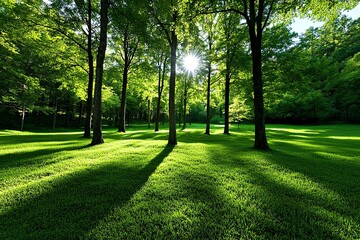 Lush green forest landscape, with sunlight filtering through tall trees, creating realistic shadows and highlights