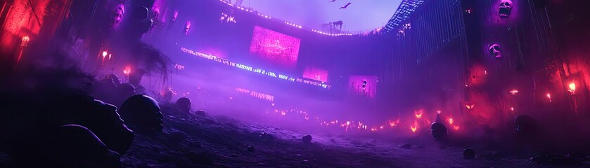 Vibrant neon lights illuminate a futuristic concert scene, enveloped in a dreamy mist for an immersive experience.