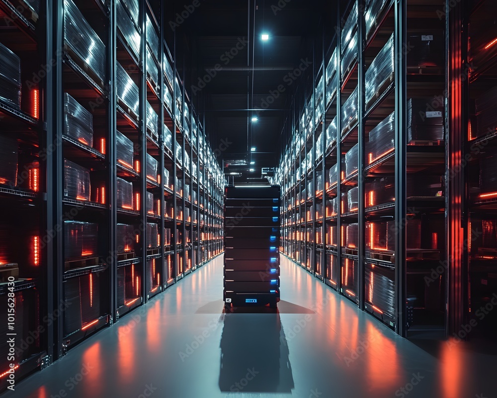 Poster a futuristic data center showcasing advanced server technology with illuminated racks and a central 