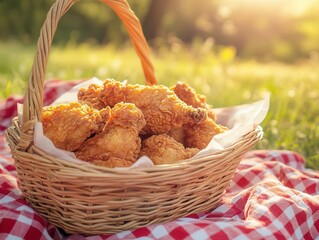Crispy fried chicken in a picnic basket, laid out on a redcheckered cloth, vibrant natural lighting, wideangle lens capturing an outdoor meadow scene, afternoon sunlight