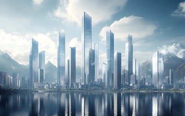 Fototapeta premium A futuristic skyline with towering skyscrapers reflecting in serene waters, set against a backdrop of majestic mountains.