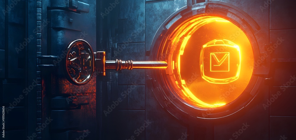 Poster a glowing key opens a futuristic lock, symbolizing access to secure communication and encryption tec