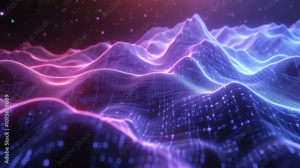 Poster this mesmerizing abstract image features a futuristic digital landscape of glowing purple and blue l