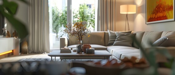 Modern interior of living room with cozy sofa and coffee table