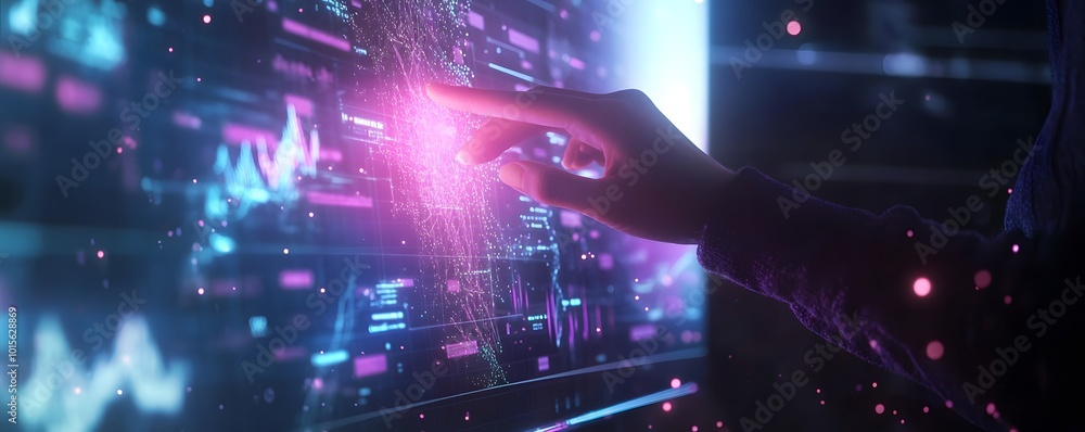 Aufkleber a hand interacts with a futuristic digital interface, showcasing vibrant data visualization and adva
