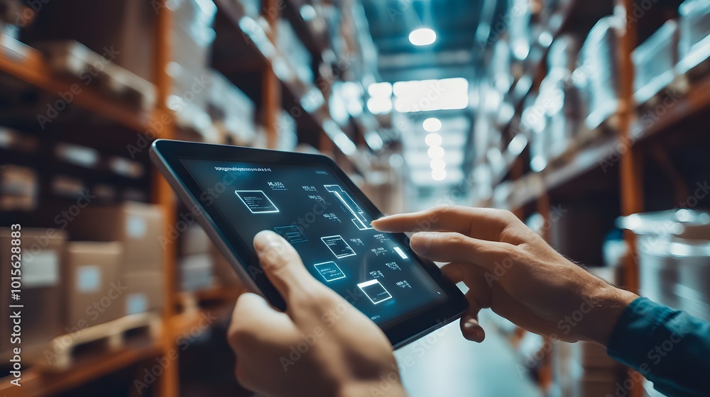 Poster a hand interacts with a tablet while managing inventory in a modern warehouse. technology enhances e