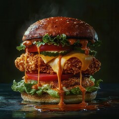 Fried chicken burger with layers of lettuce, tomato, and cheese, dripping with sauce, dramatic lighting highlighting the textures and freshness