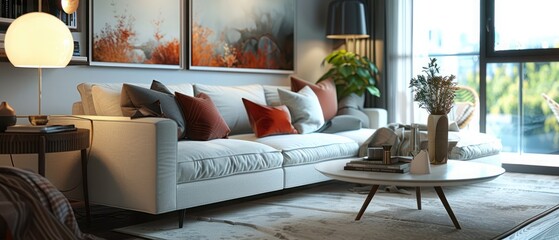 Modern interior of living room with cozy sofa and coffee table