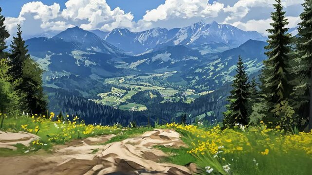 A winding dirt path leads through a field of yellow wildflowers towards a stunning mountain vista