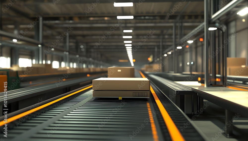 Poster a modern warehouse showcasing a conveyor system with packages being transported efficiently within a