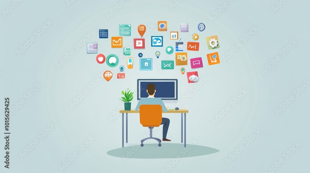 Poster a man sits at a desk in front of a computer, surrounded by colorful app icons representing a variety