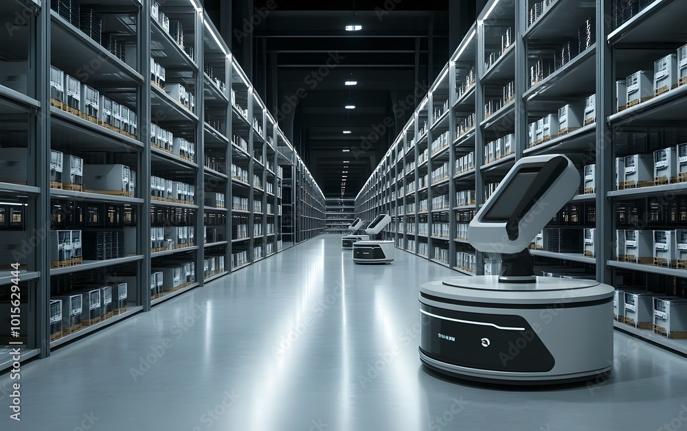 Poster a modern warehouse with robotic technology for efficient inventory management and streamlined logist