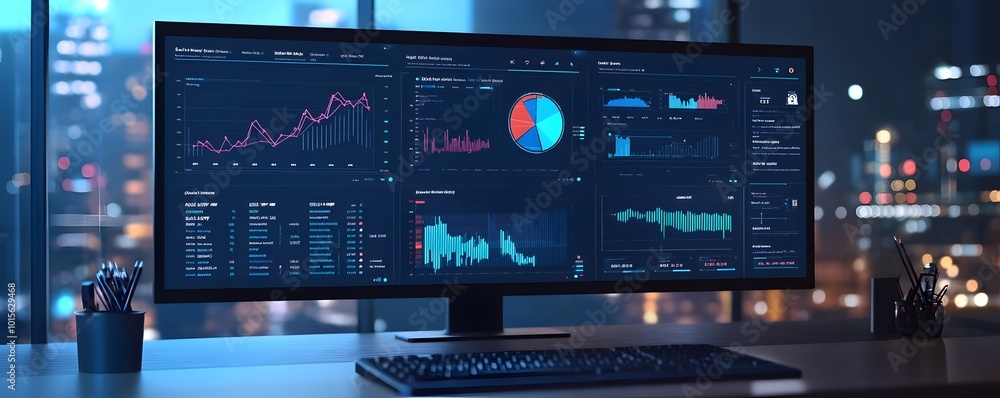 Poster a modern workspace featuring a large monitor displaying detailed data analytics and graphs at night.