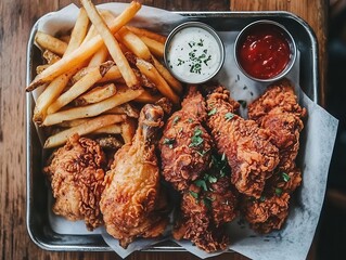 Fried chicken laid out on a metal tray with fries and dipping sauces, overhead shot, natural daylight pouring in, rustic table setting, subtle shadows emphasizing texture