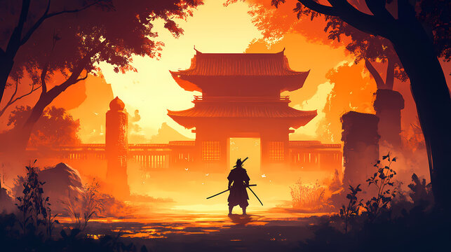 A epic samurai with a weapon sword standing in front of a old japanese temple shrine. Feudal Japanese Samurai. Illustration