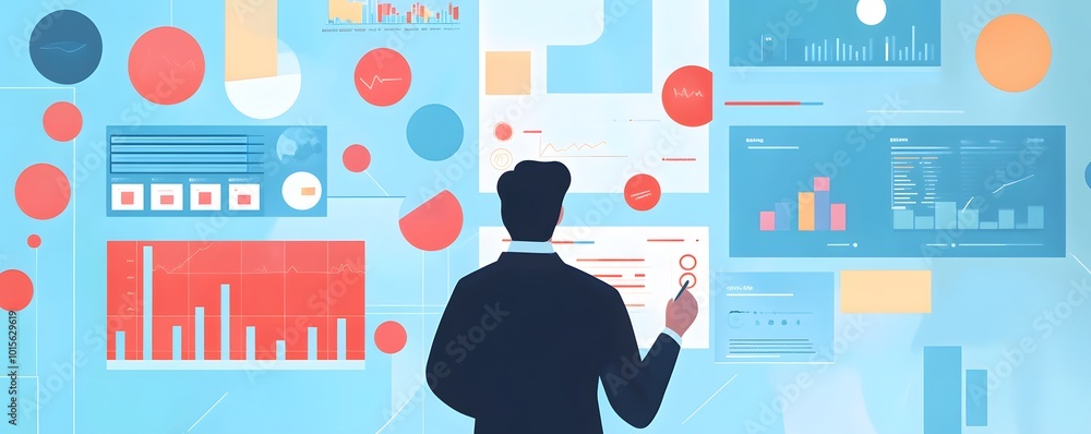 Poster a professional analyzing data with graphs and charts in a modern digital workspace, showcasing analy