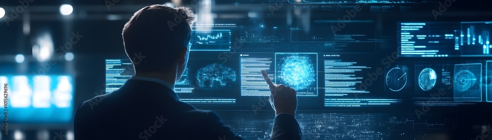 Poster a professional interacting with advanced digital screens showcasing data and analytics in a modern w