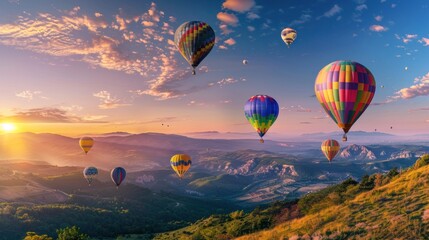 Obraz premium Hot Air Balloons Soaring Over Majestic Mountains at Sunset