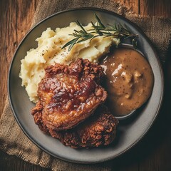 Juicy fried chicken thigh placed on a plate next to mashed potatoes and gravy, with a rustic tablecloth beneath Perfect for promoting homestyle cooking or hearty dinner options