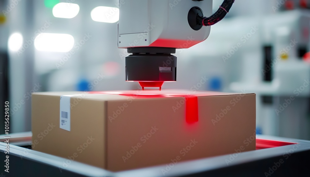 Poster a robotic arm scanning a package with a red laser, symbolizing advanced automation and modern logist