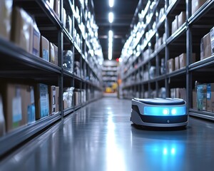 Obraz premium A robotic device navigating an organized warehouse filled with boxes, showcasing modern technology in logistics and automation.