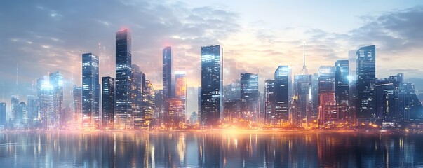 A stunning skyline view featuring modern skyscrapers reflecting in the water at dusk, illuminated by city lights.
