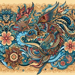 seamless floral pattern with fish in the ocean