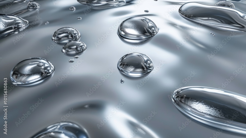 Poster a close-up 3d rendering of smooth water droplets resting on a shiny metallic surface. the droplets a