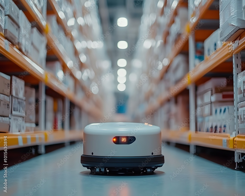 Aufkleber a warehouse robot navigates through aisles, showcasing automation and efficiency in modern logistics