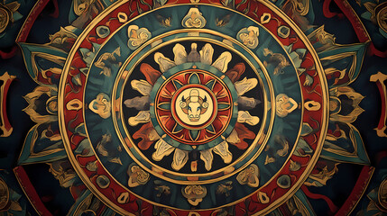 Fototapeta premium A mandala featuring a tibetan style mandala with animals. Tibetan Monastery. Illustration