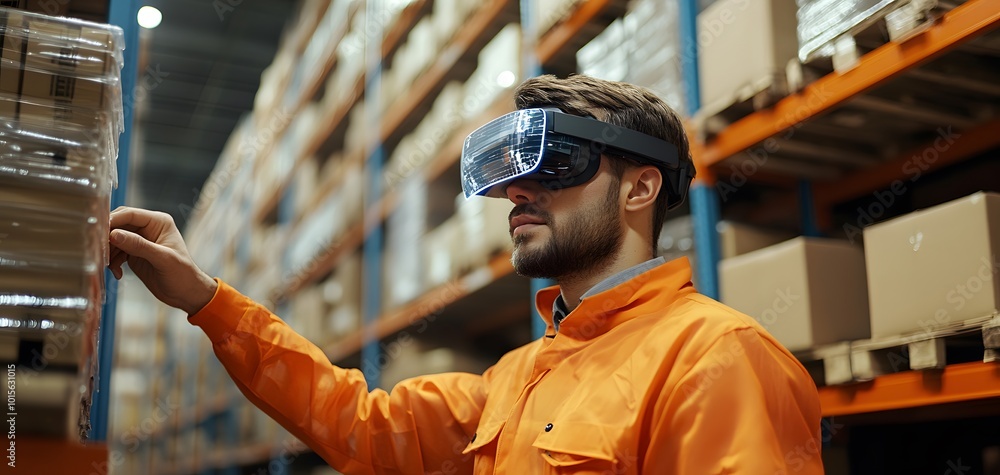 Poster a worker in an orange jacket uses augmented reality glasses in a warehouse filled with stacked boxes