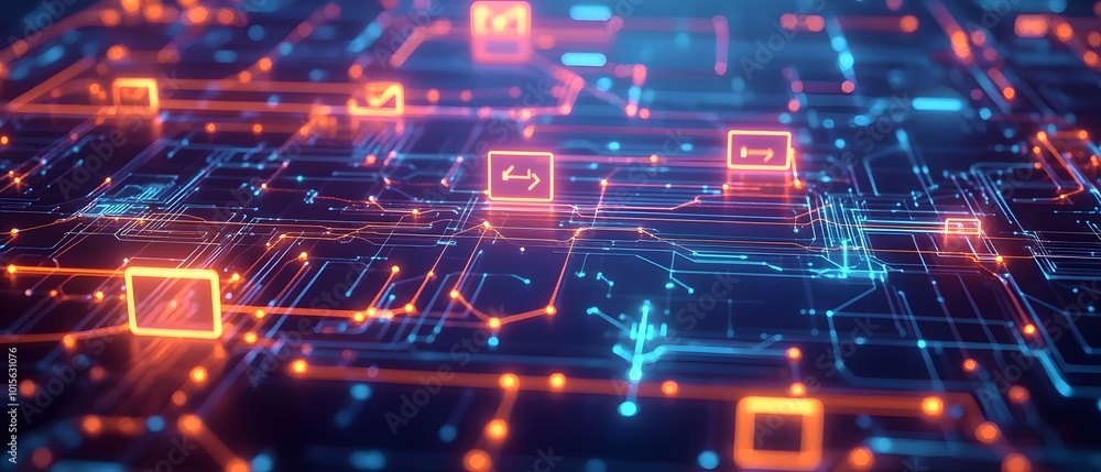 Poster abstract digital network with glowing lines and icons, representing technology, data flow, and conne