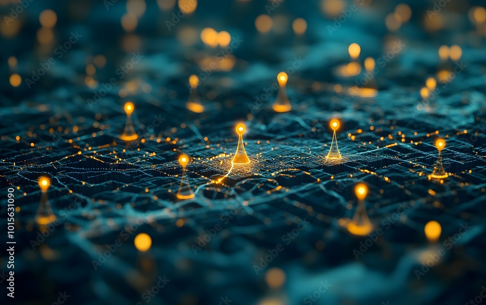 Poster abstract network design with glowing nodes representing data connections in a digital landscape.